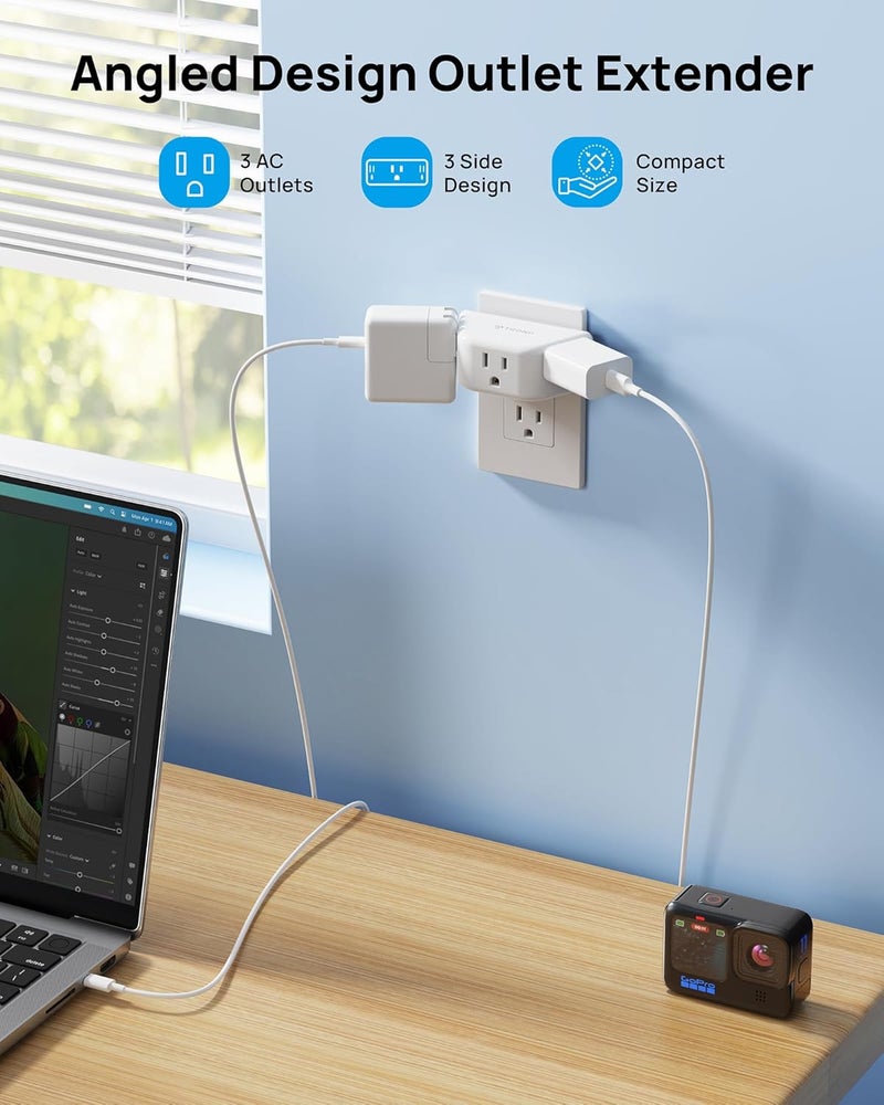 TROND Outlet Extender, 3-Prong Grounded Wall Plug Splitter, 3 Way Angled Outlet Adapter, Cruise Ship Essentials, Plug Expander with 3 Electrical Sockets for Bathroom, Kitchen, White - Image 2